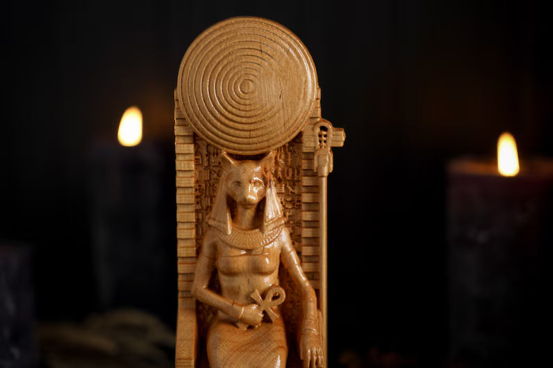 Oak Bastet Egyptian Statue
