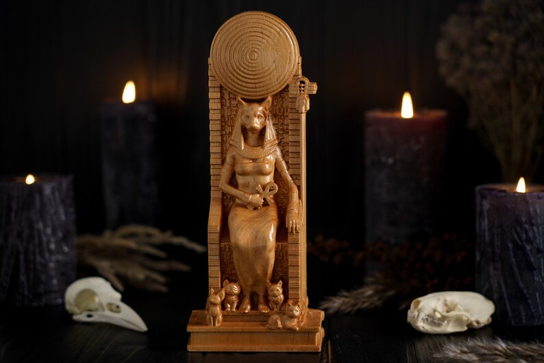 Oak Bastet Egyptian Statue