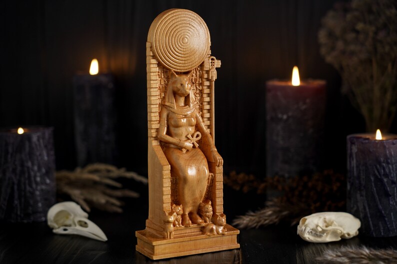 Oak Bastet Egyptian Statue
