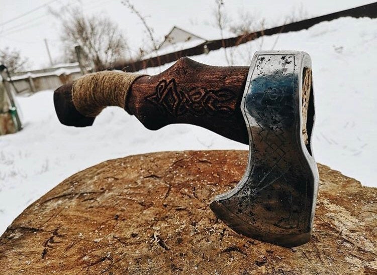 Engraved hand forged axe